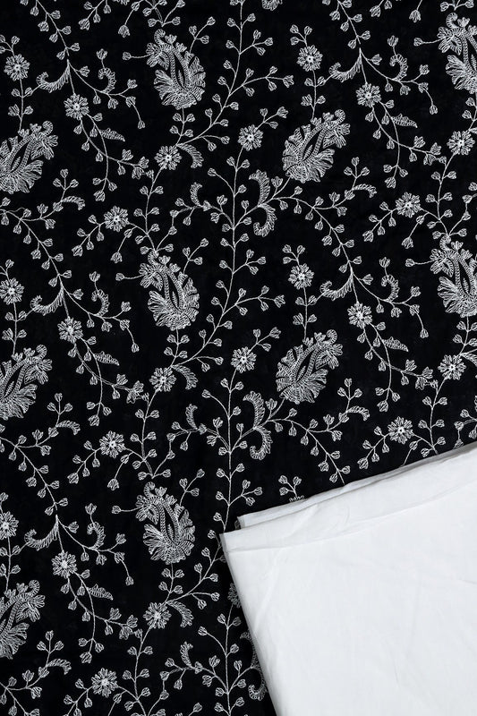 White Thread Paisley Embroidery On Black Unstitched Suit Set (2 Piece)