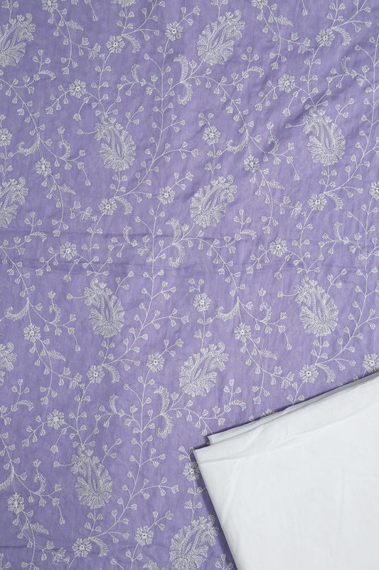 White Thread Paisley Embroidery On Lavender Unstitched Suit Set (2 Piece)