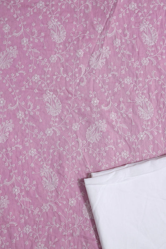 White Thread Paisley Embroidery On Lilac Unstitched Suit Set (2 Piece)