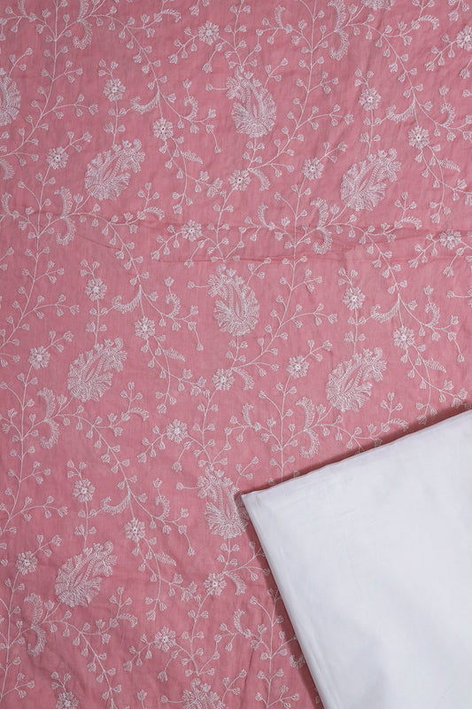 White Thread Paisley Embroidery On Pink Unstitched Suit Set (2 Piece)