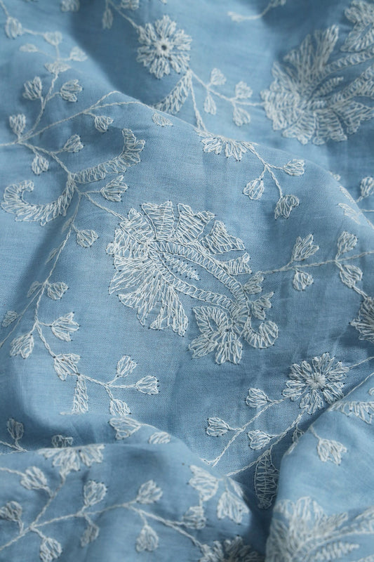 AIzaSyBcstauz-XMPRhEY21AUzeo032pxrXB5Ug - Beautiful White Thread Floral Paisley Embroidery On Blue Pure Mul Cotton Fabric