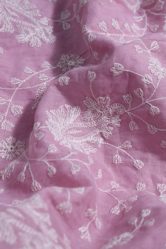 AIzaSyBcstauz-XMPRhEY21AUzeo032pxrXB5Ug - Beautiful White Thread Floral Paisley Embroidery On Lilac Pure Mul Cotton Fabric