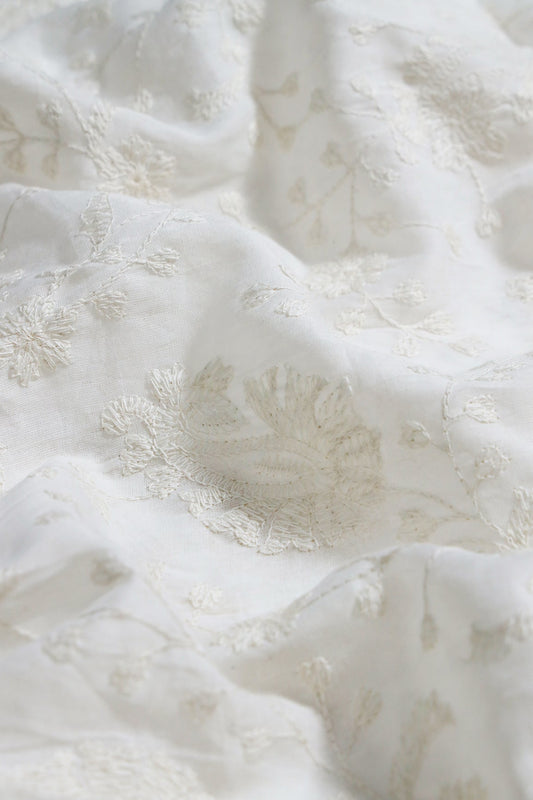 AIzaSyBcstauz-XMPRhEY21AUzeo032pxrXB5Ug - Beautiful White Thread Floral Paisley Embroidery On White Pure Mul Cotton Fabric