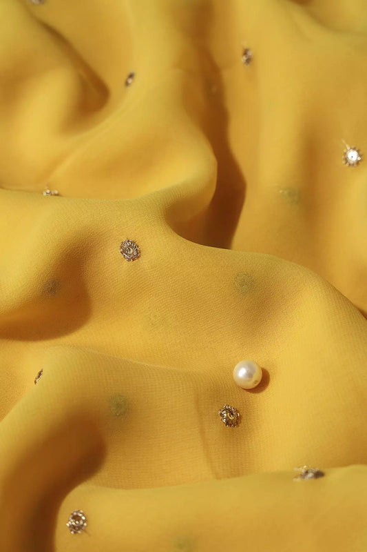 AIzaSyBcstauz-XMPRhEY21AUzeo032pxrXB5Ug - Gold Sequins With Gold Zari Small Motif Embroidery Work On Yellow Georgette Fabric