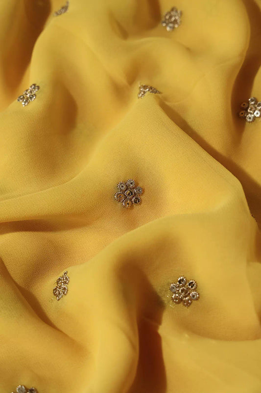 AIzaSyBcstauz-XMPRhEY21AUzeo032pxrXB5Ug - Gold Sequins With Gold Zari Small Motif Embroidery Work On Yellow Viscose Georgette Fabric