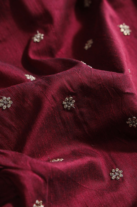 AIzaSyBcstauz-XMPRhEY21AUzeo032pxrXB5Ug - Gold Sequins With Gold Zari Small Motif Embroidery Work On Maroon Raw Silk Fabric