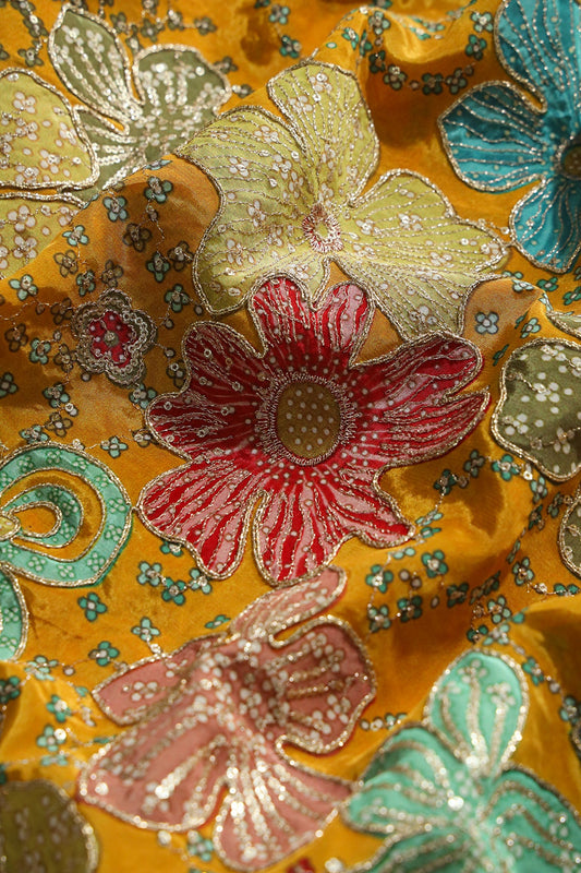 AIzaSyBcstauz-XMPRhEY21AUzeo032pxrXB5Ug - Floral Position Print On Sequins With Zari Embroidery On Mustard Yellow Viscose Zari Tissue Fabric