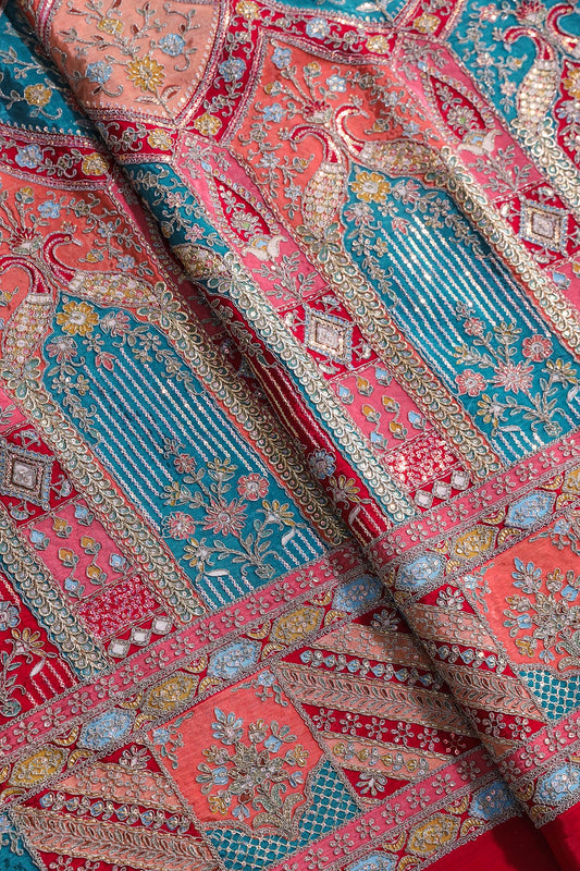 AIzaSyBcstauz-XMPRhEY21AUzeo032pxrXB5Ug - Big Width "48" Heavy Gold Zari With Sequins Floral Embroidery On Rani Pure Crepe Fabric