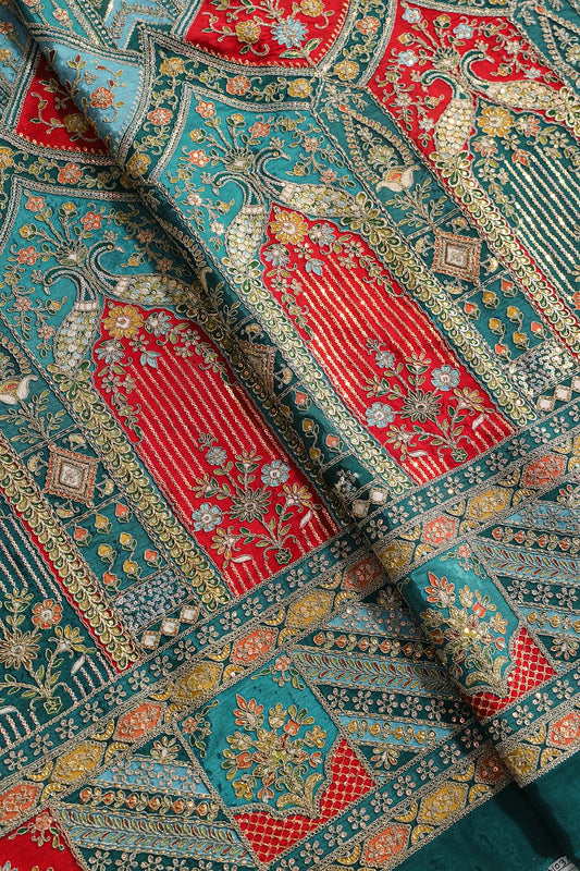 AIzaSyBcstauz-XMPRhEY21AUzeo032pxrXB5Ug - Big Width "48" Heavy Gold Zari With Sequins Floral Embroidery On Peacock Green Pure Crepe Fabric