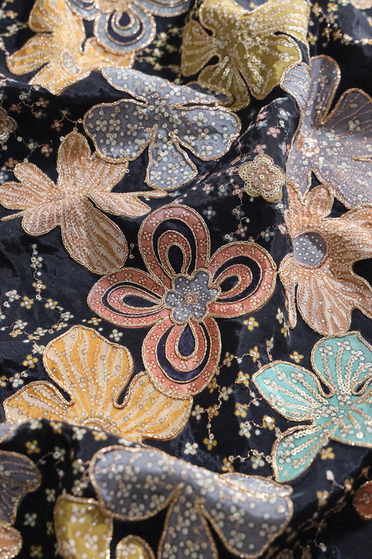 AIzaSyBcstauz-XMPRhEY21AUzeo032pxrXB5Ug - Floral Position Print On Sequins With Zari Embroidery On Black Viscose Zari Tissue Fabric
