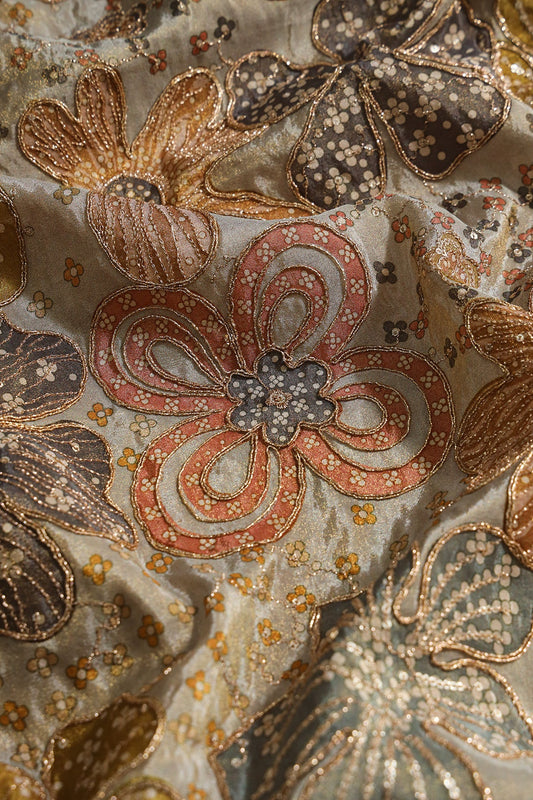 AIzaSyBcstauz-XMPRhEY21AUzeo032pxrXB5Ug - Floral Position Print On Sequins With Zari Embroidery On Pastel Grey Viscose Zari Tissue Fabric