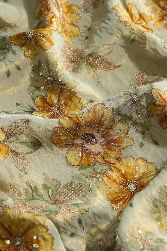 AIzaSyBcstauz-XMPRhEY21AUzeo032pxrXB5Ug - Floral Position Print On Gold Zari With Sequins Embroidery On Olive Viscose Zari Tissue Fabric