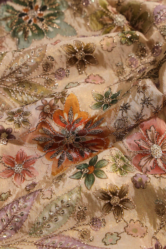 AIzaSyBcstauz-XMPRhEY21AUzeo032pxrXB5Ug - Floral Positional Print On Sequins With Zari Embroidery On Beige Viscose Zari Tissue Fabric