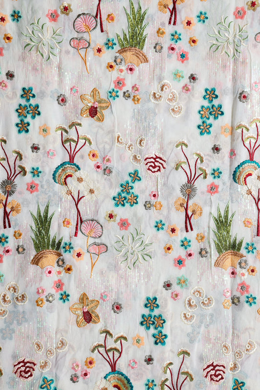 AIzaSyBcstauz-XMPRhEY21AUzeo032pxrXB5Ug - Big Width "52" Multi Sequins With Multi Thread Traditional Embroidery On Dyeable White Viscose Georgette Fabric