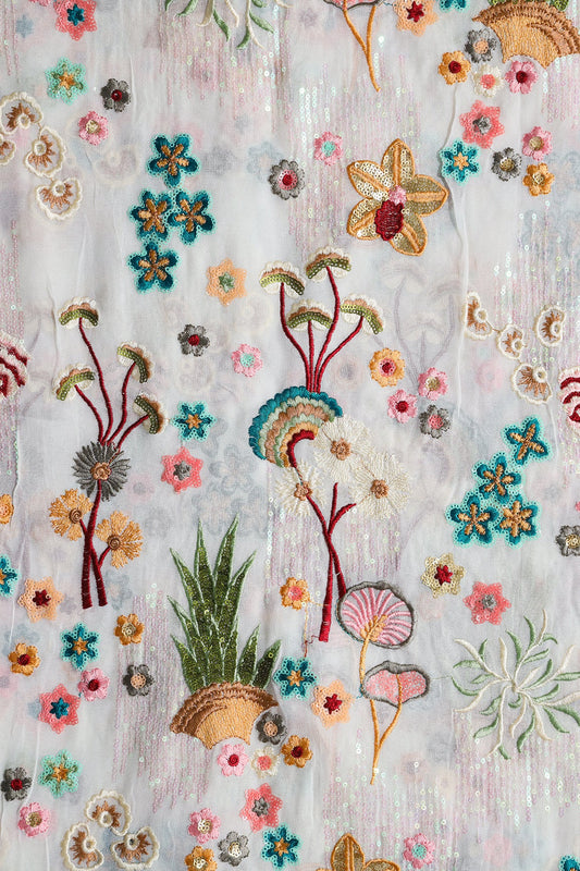 AIzaSyBcstauz-XMPRhEY21AUzeo032pxrXB5Ug - Big Width "52" Multi Sequins With Multi Thread Traditional Embroidery On Dyeable White Viscose Georgette Fabric