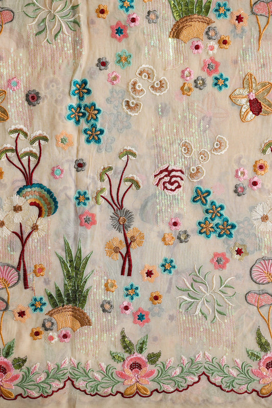 AIzaSyBcstauz-XMPRhEY21AUzeo032pxrXB5Ug - Big Width "52" Multi Sequins With Multi Thread Traditional Embroidery On Beige Viscose Georgette Fabric