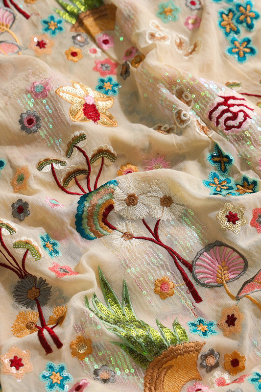 AIzaSyBcstauz-XMPRhEY21AUzeo032pxrXB5Ug - Big Width "52" Multi Sequins With Multi Thread Traditional Embroidery On Beige Viscose Georgette Fabric