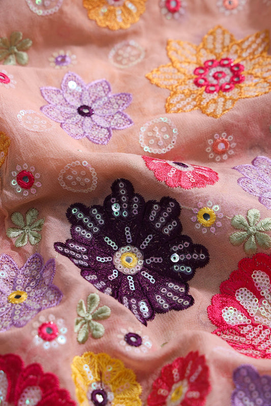 AIzaSyBcstauz-XMPRhEY21AUzeo032pxrXB5Ug - Big Width "52" Exclusive Floral Designer Embroidery With Faux Mirror On Peach Viscose Georgette Fabric