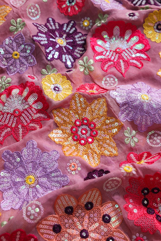 AIzaSyBcstauz-XMPRhEY21AUzeo032pxrXB5Ug - Big Width "52" Exclusive Floral Designer Embroidery With Faux Mirror On Thulian Pink Viscose Georgette Fabric