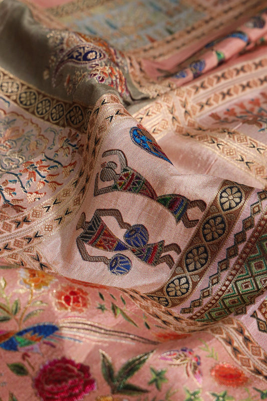 Positional Floral Print On Pastel Peach Viscose Dola Silk Jacquard Fabric