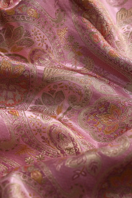 Positional Floral Print On Light Pink Viscose Dola Silk Jacquard Fabric