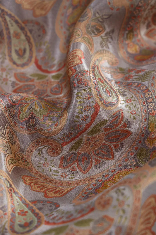 Positional Floral Print On Grey Viscose Dola Silk Jacquard Fabric