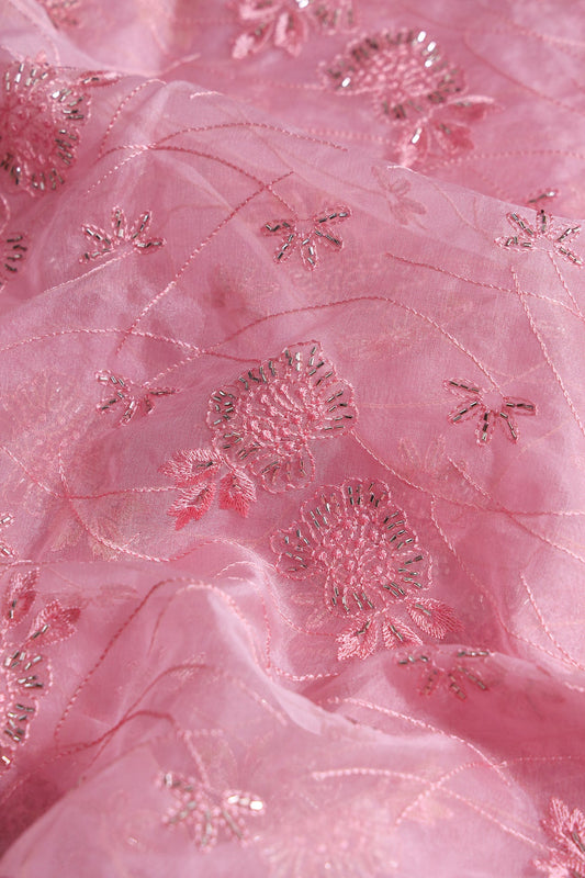 Pink Thread With Beads Floral Embroidery On Pink Organza Fabric