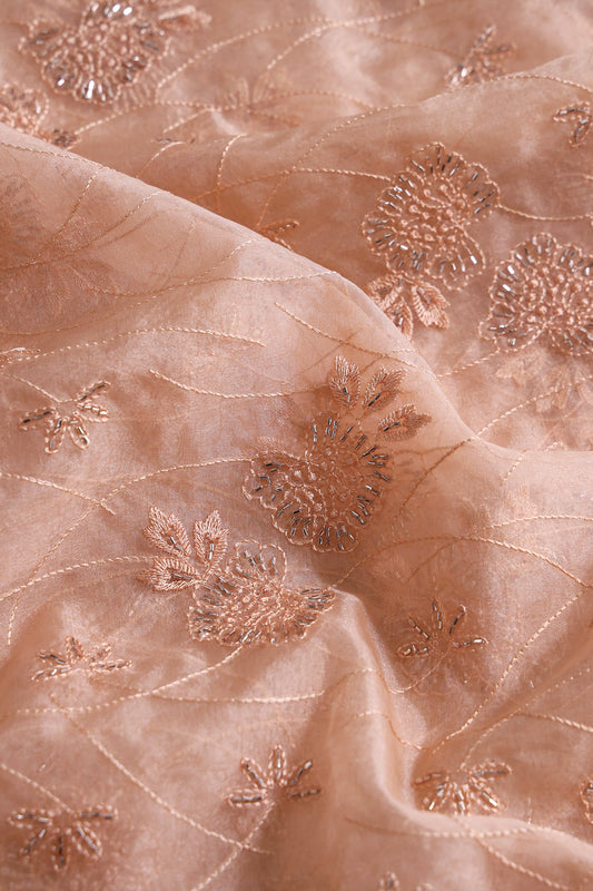 Peach Thread With Beads Floral Embroidery On Peach Organza Fabric