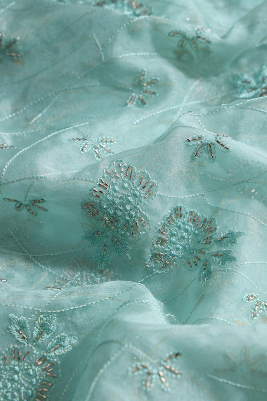 Sea Green Thread With Beads Floral Embroidery On Sea Green Organza Fabric