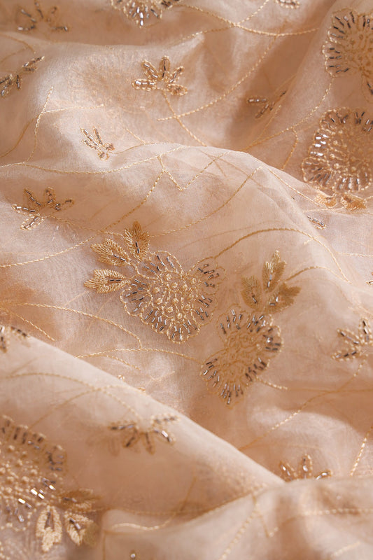 AIzaSyBcstauz-XMPRhEY21AUzeo032pxrXB5Ug - Beige Thread With Beads Floral Embroidery On Beige Organza Fabric