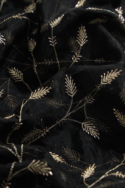 AIzaSyBcstauz-XMPRhEY21AUzeo032pxrXB5Ug - Gold Zari With Beads Leafy Embroidery Work On Black Organza Fabric