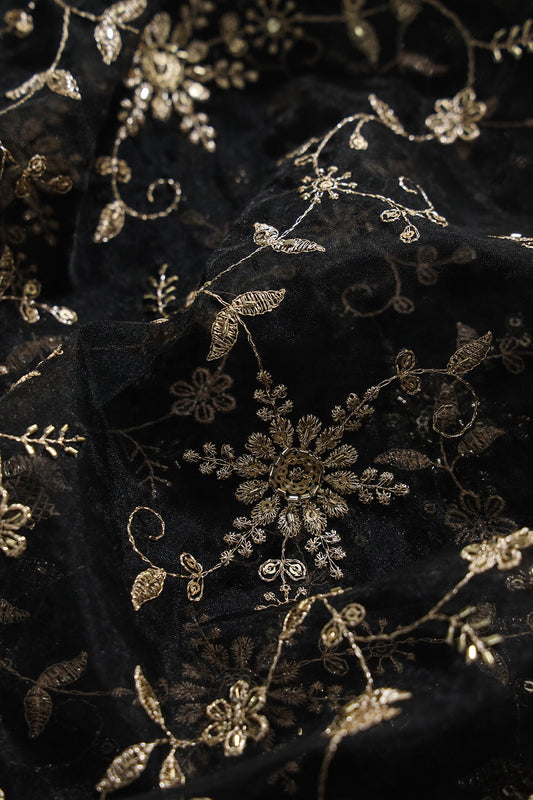 Zari Thread With Beads Floral Embroidery On Black Organza Fabric