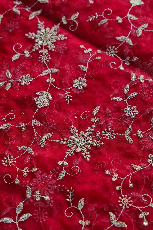 Zari Thread With Beads Floral Embroidery On Red Organza Fabric