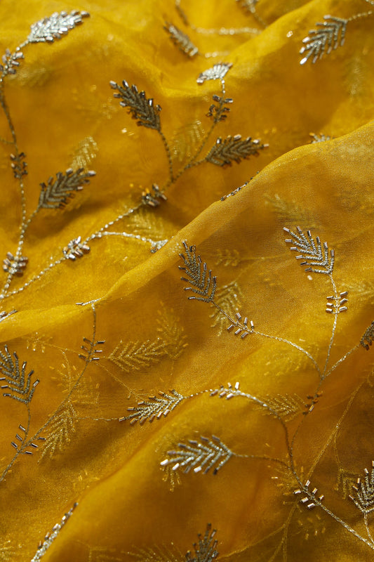 AIzaSyBcstauz-XMPRhEY21AUzeo032pxrXB5Ug - Gold Zari With Beads Leafy Embroidery Work On Yellow Organza Fabric
