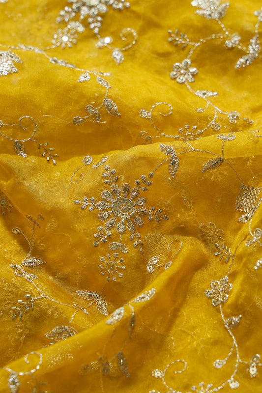 Zari Thread With Beads Floral Embroidery On Yellow Organza Fabric