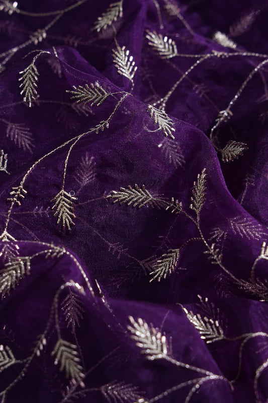 AIzaSyBcstauz-XMPRhEY21AUzeo032pxrXB5Ug - Gold Zari With Beads Leafy Embroidery Work On Purple Organza Fabric