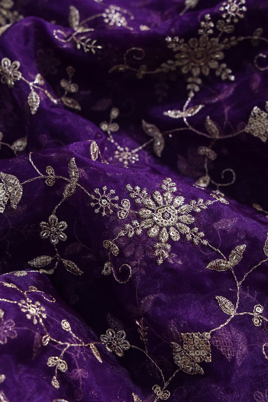 Zari Thread With Beads Floral Embroidery On Purple Organza Fabric