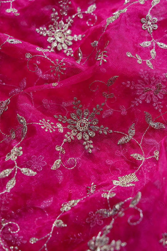 Zari Thread With Beads Floral Embroidery On Rani Organza Fabric