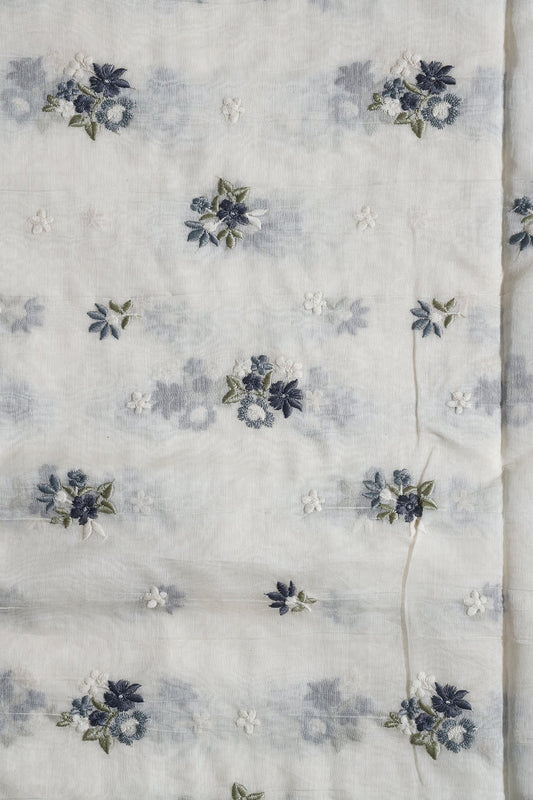 AIzaSyBcstauz-XMPRhEY21AUzeo032pxrXB5Ug - Dark Blue And Olive Beautiful Floral Embroidery On Pure Mul Chanderi Silk Fabric