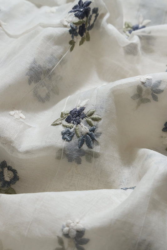 AIzaSyBcstauz-XMPRhEY21AUzeo032pxrXB5Ug - Dark Blue And Olive Beautiful Floral Embroidery On Pure Mul Chanderi Silk Fabric