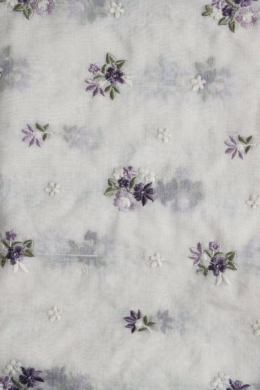 Purple and Lilac Beautiful Floral Embroidery On Pure Mul Chanderi Silk Fabric