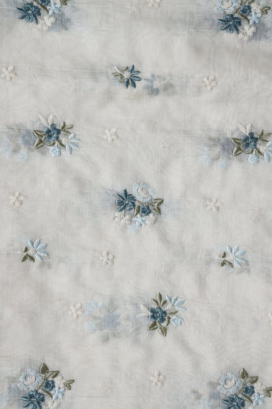 Sky Blue and Olive Beautiful Floral Embroidery On Pure Mul Chanderi Silk Fabric