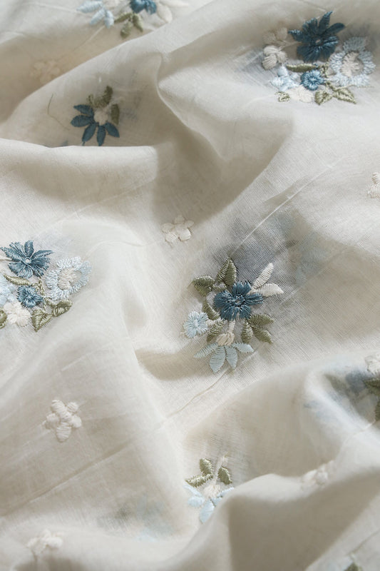 Sky Blue and Olive Beautiful Floral Embroidery On Pure Mul Chanderi Silk Fabric
