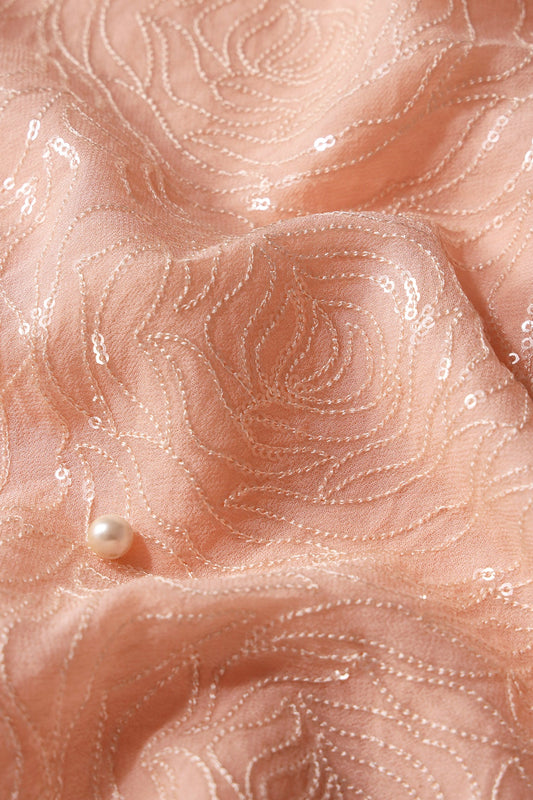 Water Sequins Floral Heavy Embroidery On Peach Viscose Georgette Fabric