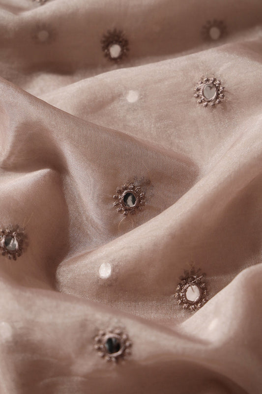 AIzaSyBcstauz-XMPRhEY21AUzeo032pxrXB5Ug - Brown Thread With Foil Mirror Work Small Motif Embroidery On Brown Organza Fabric