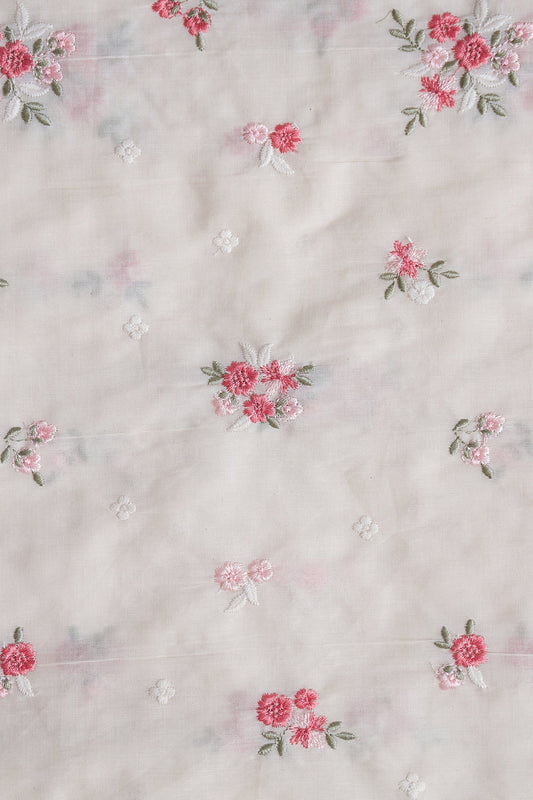 Pink And Olive Thread Beautiful Floral Embroidery On Off White Organic Cotton Fabric
