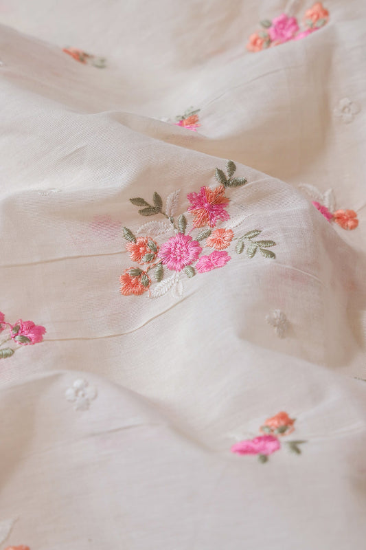 Pink And Olive Thread Beautiful Floral Embroidery On Off White Organic Cotton Fabric