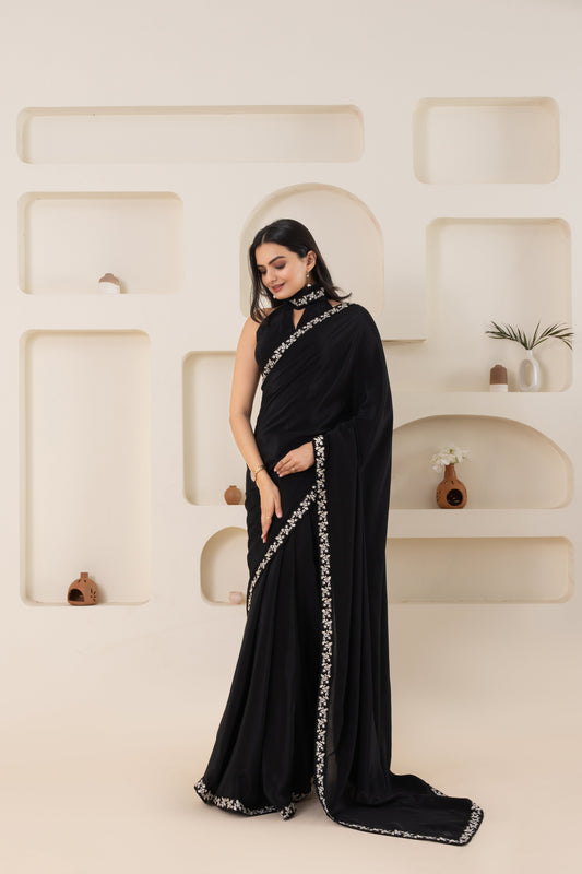 AIzaSyBcstauz-XMPRhEY21AUzeo032pxrXB5Ug - Black Pure Viscose Crepe Saree Set With Border (Saree With Blouse Piece)