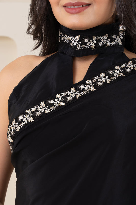 AIzaSyBcstauz-XMPRhEY21AUzeo032pxrXB5Ug - Black Pure Viscose Crepe Saree Set With Border (Saree With Blouse Piece)