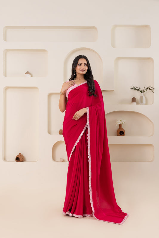 AIzaSyBcstauz-XMPRhEY21AUzeo032pxrXB5Ug - Fuchsia And Baby Pink Pure Viscose Crepe Saree Set With Border (Saree With Blouse Piece)